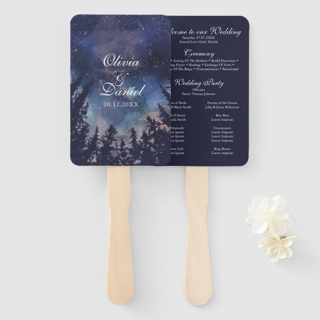 Hochzeitsprogramm für die Hochzeit von Starry Nigh Fächer (Vorne und Hinten)