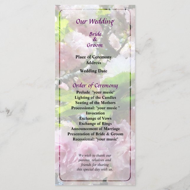 Hochzeitsprogramm für Doppelkirschblüten Programm (Vorderseite)