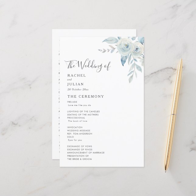 Hochzeitsprogramm für dustig blühende Blumen (Vorderseite/Rückseite Beispiel)