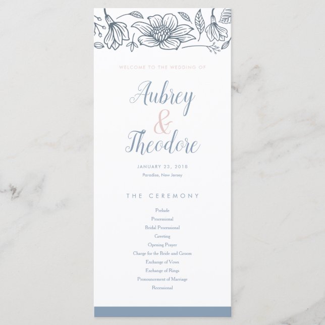 Hochzeitsprogramm für Dusty Blue & Blush-Blume Programm (Vorderseite)