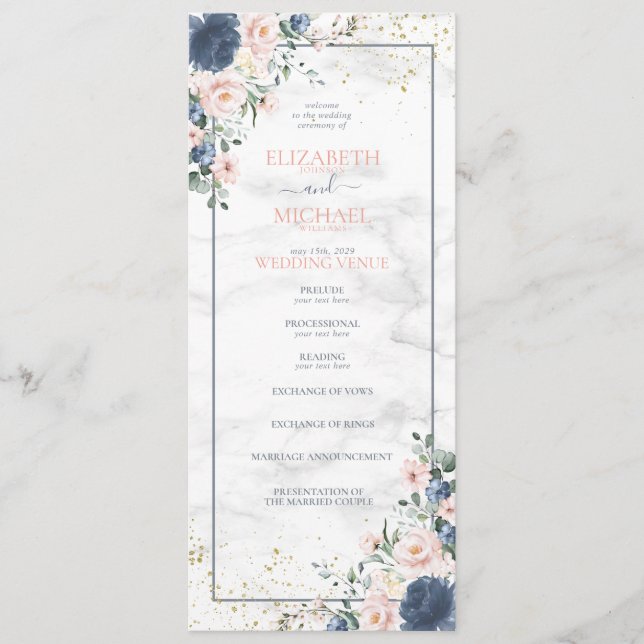 Hochzeitsprogramm für Dusty Blue Blush Pink Programm (Vorderseite)