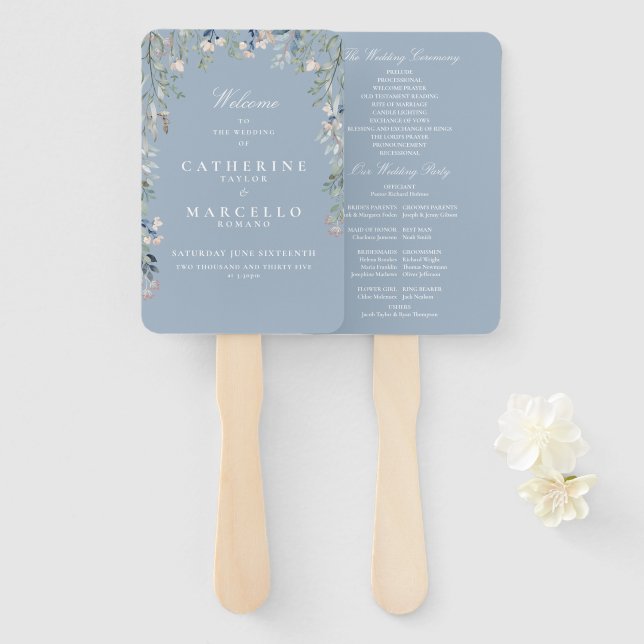 Hochzeitsprogramm für Dusty Blue Floral Cascade Fächer (Vorne und Hinten)