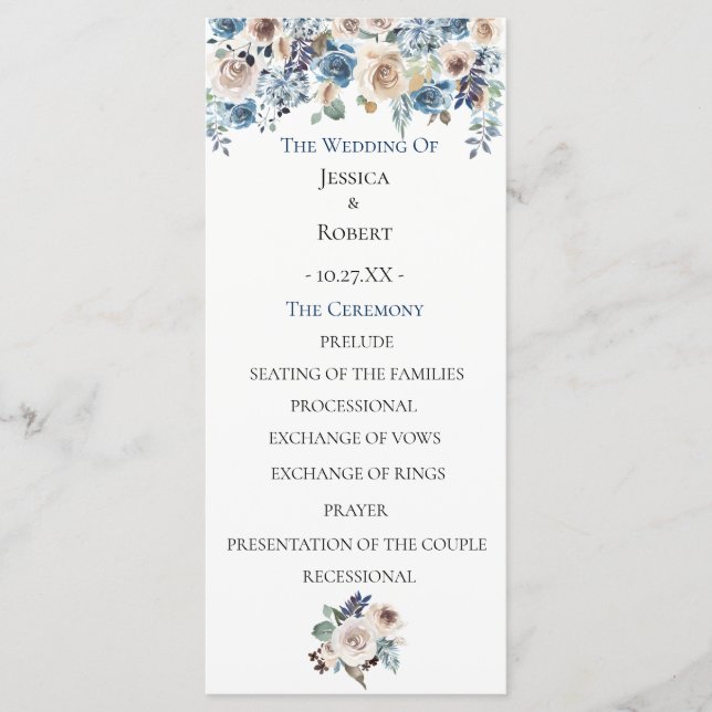 Hochzeitsprogramm für Dusty Blue Floral Programm (Vorderseite)