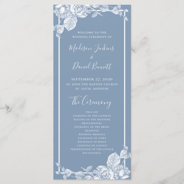 Hochzeitsprogramm für Dusty Blue Floral Programm (Vorderseite)