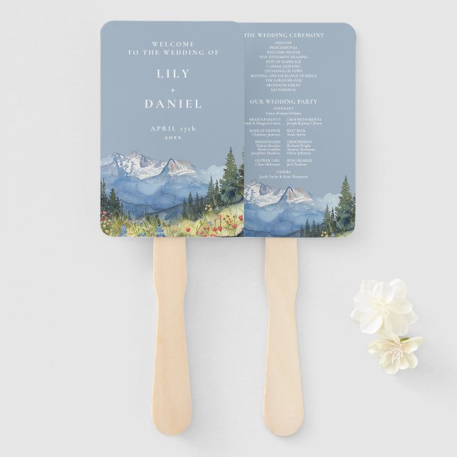 Hochzeitsprogramm für Dusty Blue Watercolor Fächer (Vorne und Hinten)