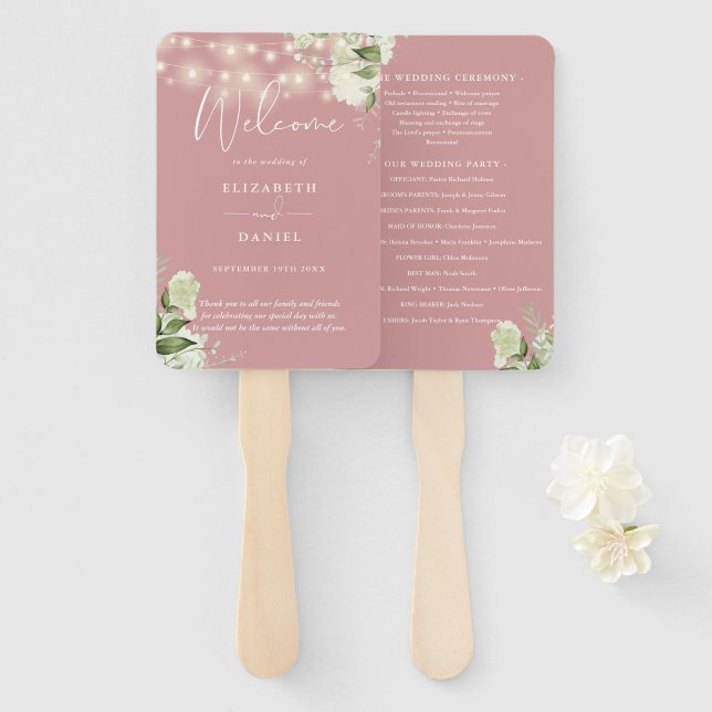 Hochzeitsprogramm für Dusty Rose Floral String Lig Fächer (Vorne und Hinten)