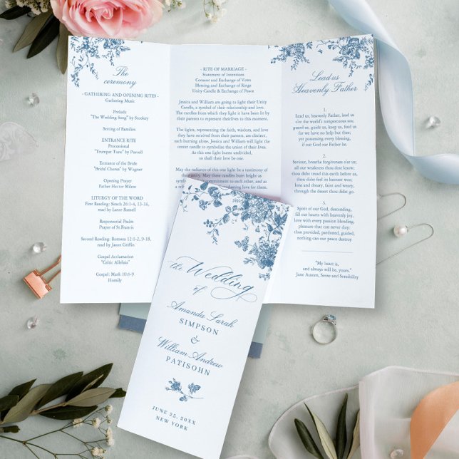 Hochzeitsprogramm für Elegant Blue French Blume (Von Creator hochgeladen)