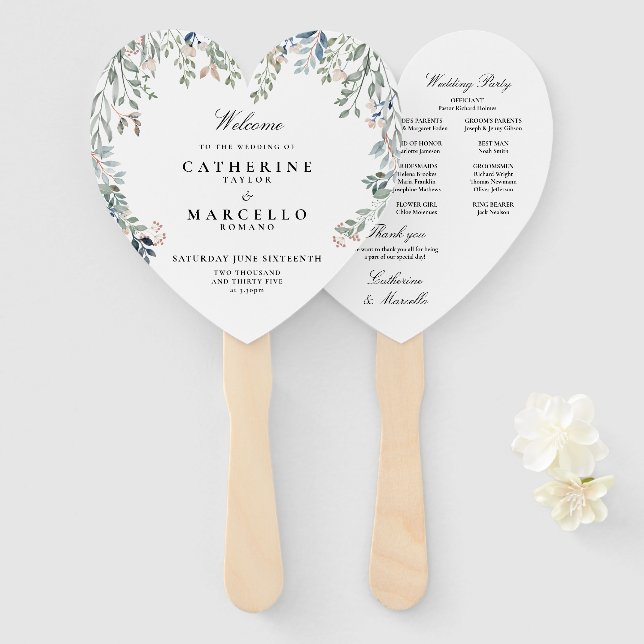 Hochzeitsprogramm für elegante Blumenkaskaden Fächer (Vorne und Hinten)