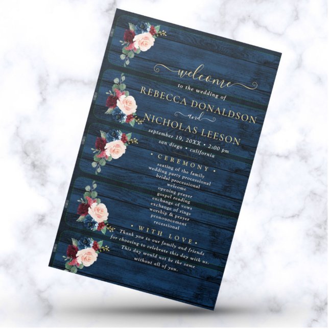 Hochzeitsprogramm für Elegante Navy-Floral-Kalligr (Von Creator hochgeladen)