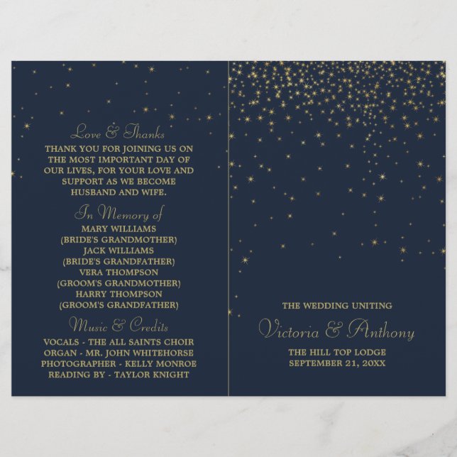 Hochzeitsprogramm für elegante Navy & Gold Falling (Vorderseite)