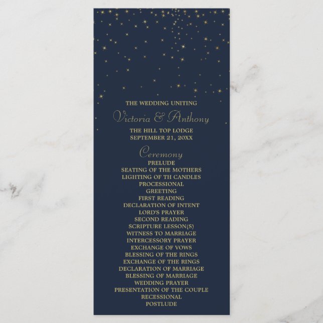 Hochzeitsprogramm für elegante Navy & Gold Falling Programm (Vorderseite)