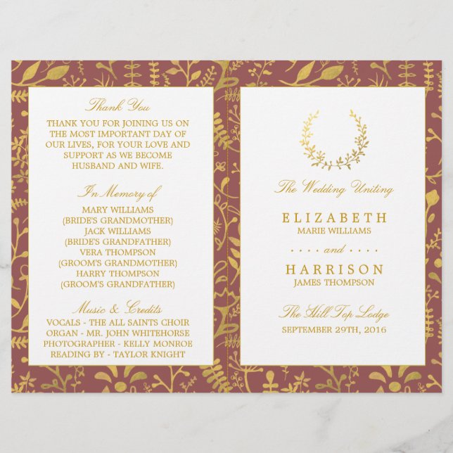Hochzeitsprogramm für Elegantes Gold Floral Wreath (Vorderseite)
