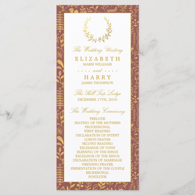 Hochzeitsprogramm für Elegantes Gold Floral Wreath Programm (Vorderseite)