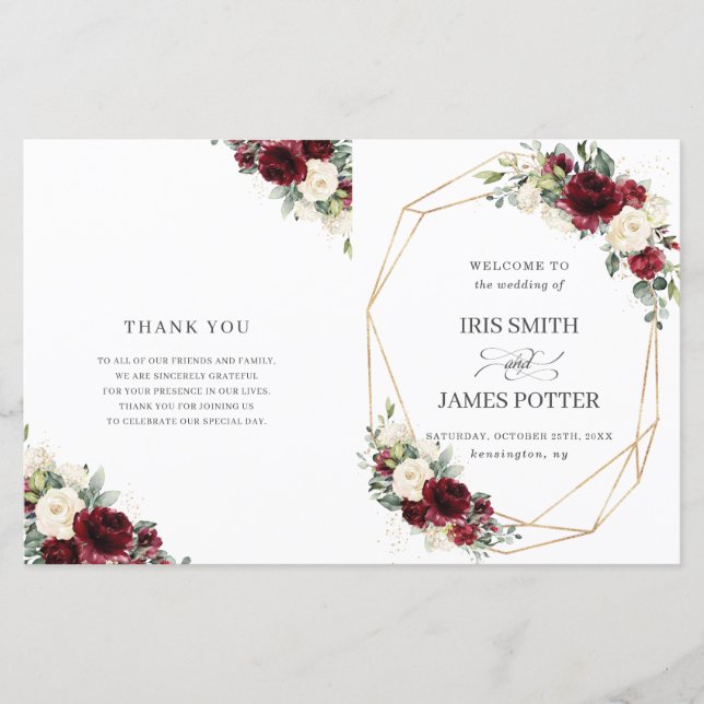 Hochzeitsprogramm für Elfenbein Burgund (Vorderseite)