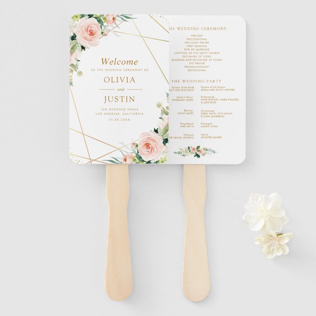 Hochzeitsprogramm für geometrisches Gold und Blüte Fächer (Vorne und Hinten)