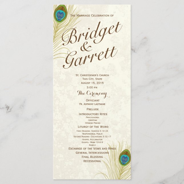 Hochzeitsprogramm für Golden Peacock Feathers Programm (Vorderseite)