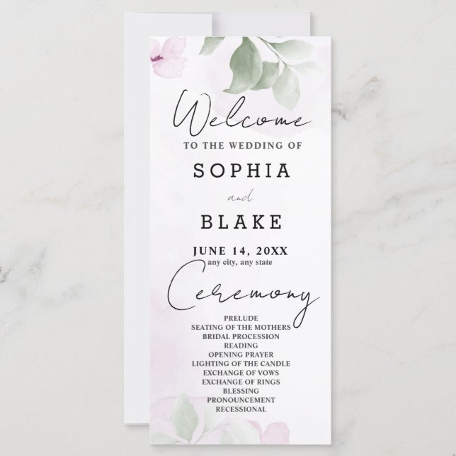 Hochzeitsprogramm für grüne Blätter und rosa Blume (Vorderseite)