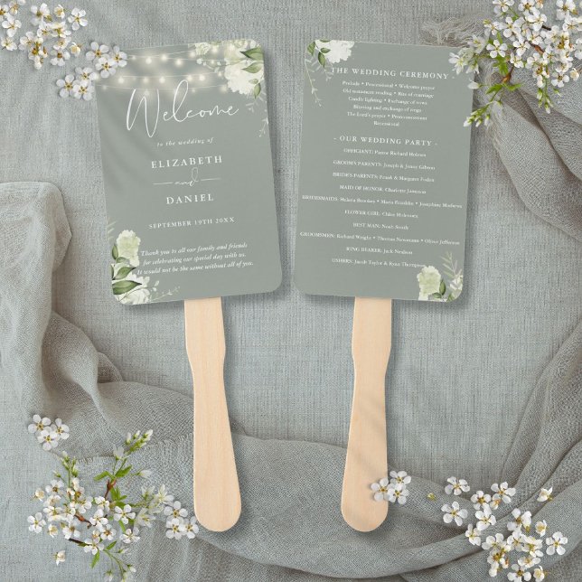 Hochzeitsprogramm für grüne Blumenstrauß Fächer (Sage Green Floral String Lights Wedding Program Hand Fan)