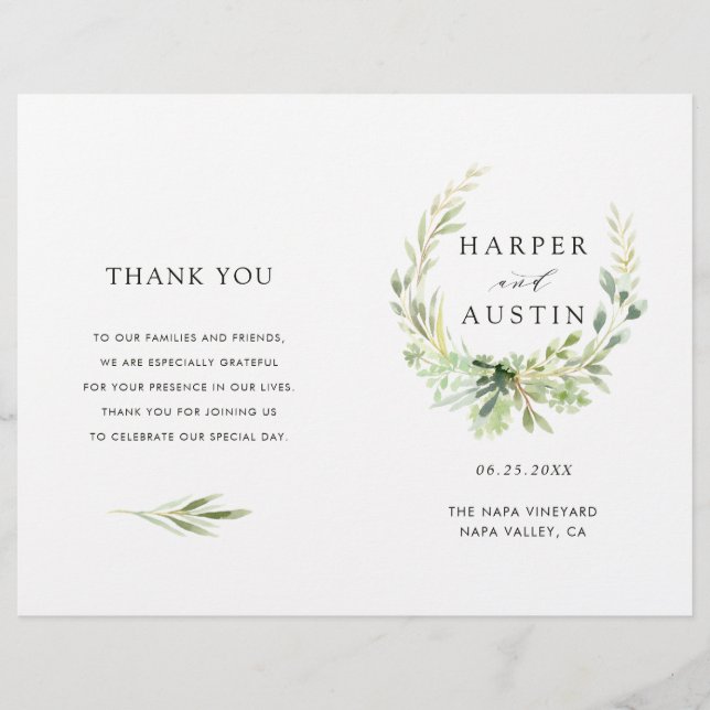 Hochzeitsprogramm für grüne Folienkranke (Vorderseite)