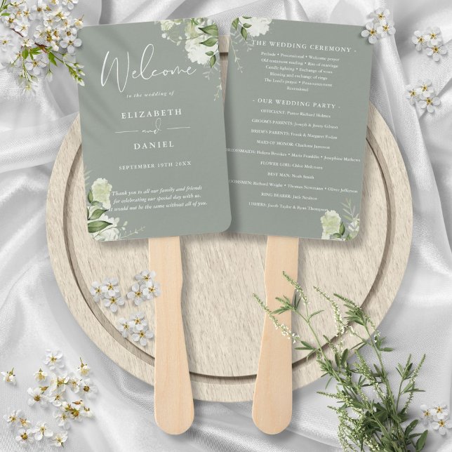 Hochzeitsprogramm für Grünpflanzen im Grünen Fächer (Sage Green Floral Greenery Wedding Program Hand Fan)