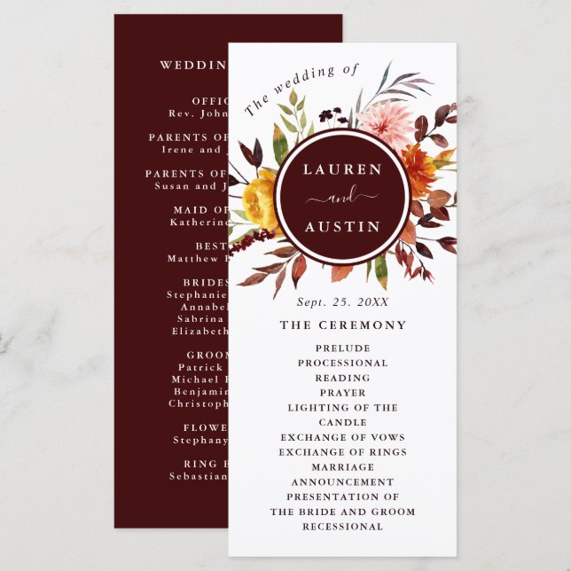 Hochzeitsprogramm für Herbst-Garten-Burgund Programm (Vorne/Hinten)
