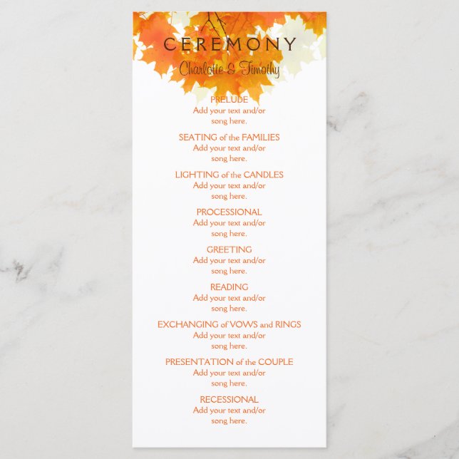 Hochzeitsprogramm für Herbstmaple-Blätter Programm (Vorderseite)