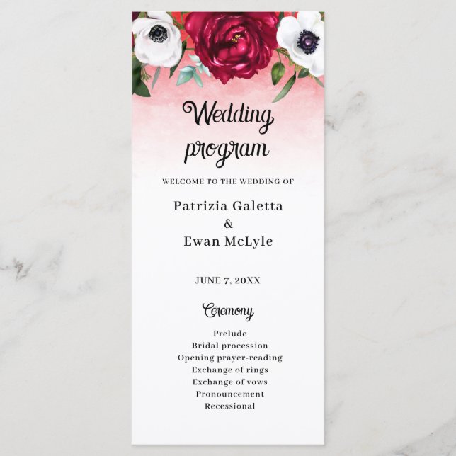 Hochzeitsprogramm für Hochzeitsfeiern mit weißer B Menükarte (Vorderseite)