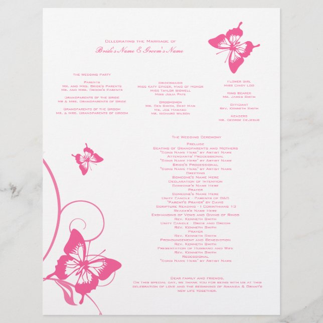 Hochzeitsprogramm für Hot Pink und White Butterfly (Vorderseite)