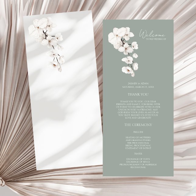 Hochzeitsprogramm für junge junge Mädchen mit grün (Modern Sage Green White Orchids Wedding Program)