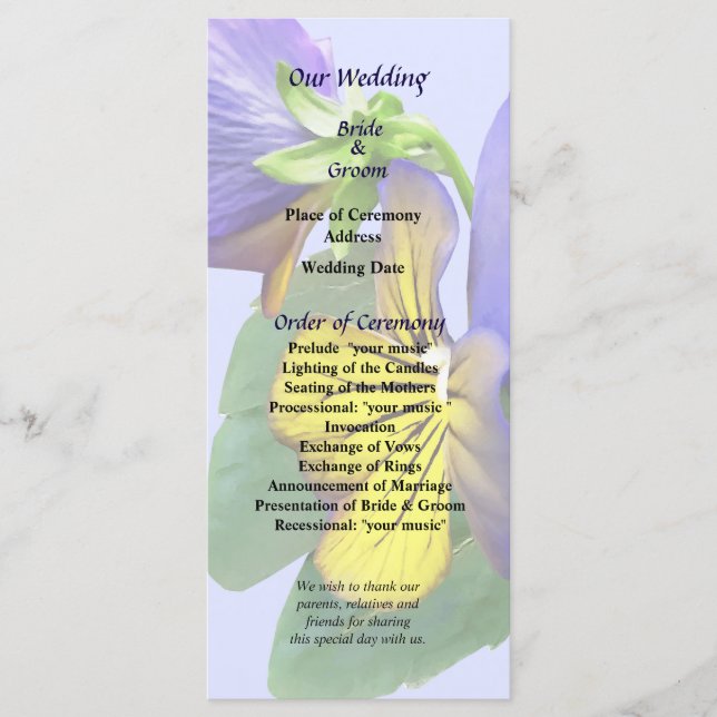 Hochzeitsprogramm für kleine, gelbe und Lila Stief Programm (Vorderseite)