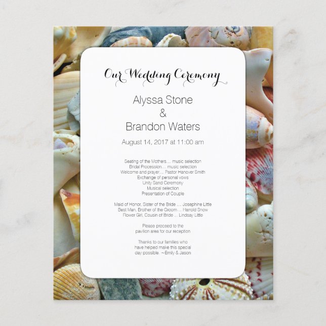 Hochzeitsprogramm für kleine Hochzeiten am Strand (Vorderseite)