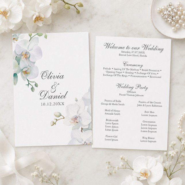 Hochzeitsprogramm für Kletterhexen: Programm (Modern Eleganta White Orchids Wedding Program)
