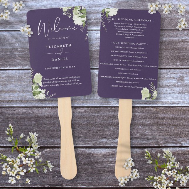 Hochzeitsprogramm für lila Blumengrün Fächer (Purple Floral Greenery Wedding Program Hand Fan)