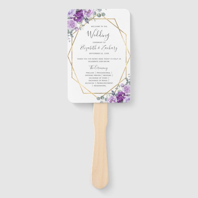 Hochzeitsprogramm für lila florale Goldrahmen Fächer (Vorderseite)