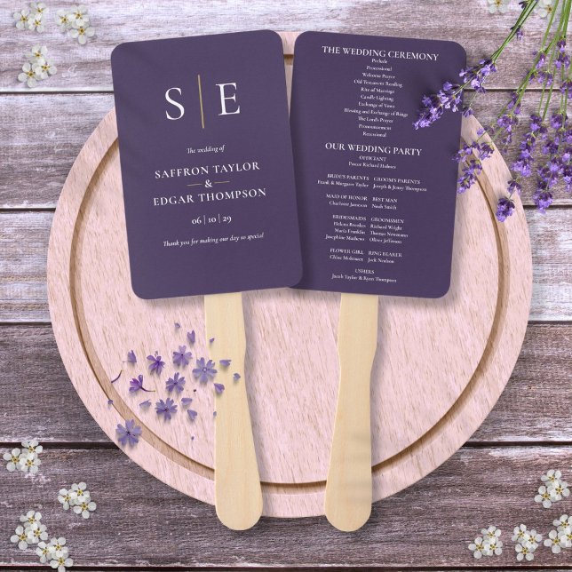 Hochzeitsprogramm für lila und Gold-Monogramme Fächer (Purple And Gold Monogram Wedding Program Hand Fan)