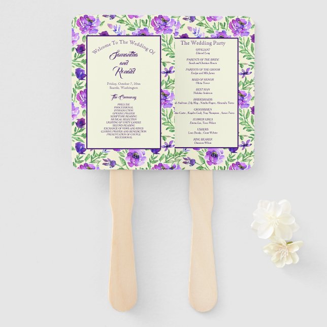 Hochzeitsprogramm für lila und grüne Flora Fächer (Vorne und Hinten)