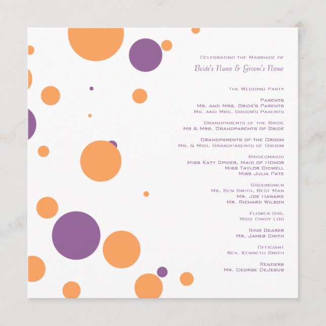 Hochzeitsprogramm für lila und orange Polka Dots Programm (Vorderseite)
