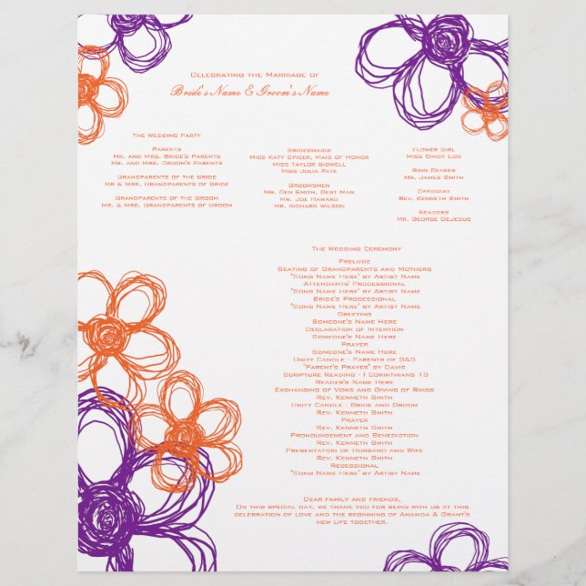 Hochzeitsprogramm für lila und orangefarbene Blume (Vorderseite)