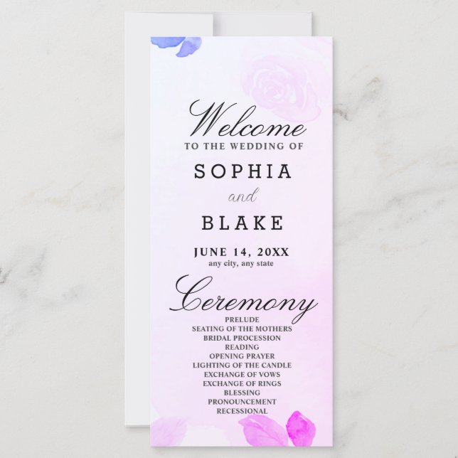 Hochzeitsprogramm für lila und rosa Rosen und Grün (Vorderseite)