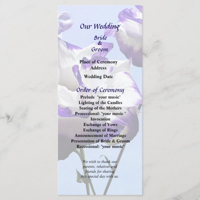 Hochzeitsprogramm für lila und weiße Lisianthus Programm (Vorderseite)