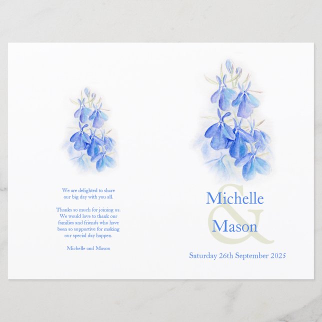 Hochzeitsprogramm für Lobelia-Blau-Aquarellen (Vorderseite)