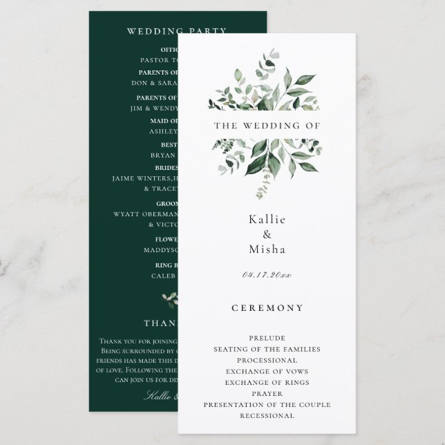 Hochzeitsprogramm für natürliche botanische Pflanz Programm (Vorne/Hinten)