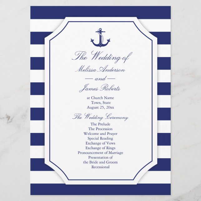 Hochzeitsprogramm für Nautic Anchor Navy Blue Stri Programm (Vorderseite)