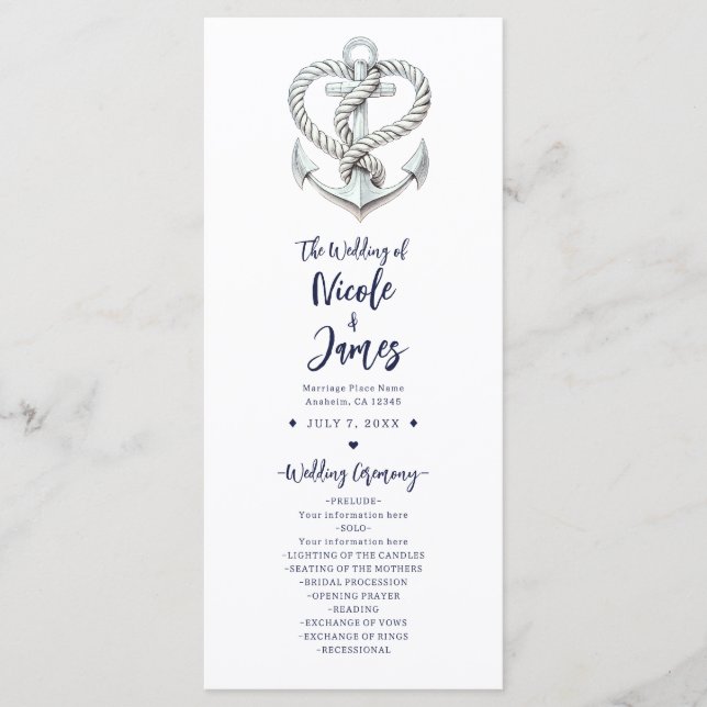 Hochzeitsprogramm für Nautical Heart Rope Anchor C Programm (Vorderseite)