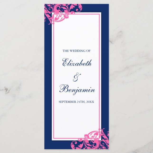 Hochzeitsprogramm für Navy Blue and Pink Blühend W Programm (Vorderseite)