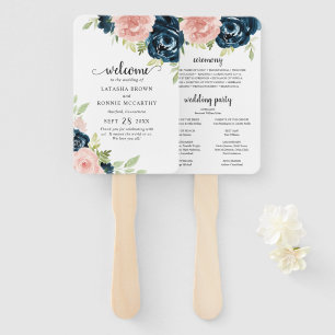 Hochzeitsprogramm für Navy Blue Blush Pink Floral Fächer
