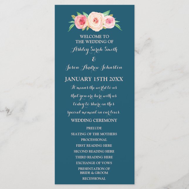 Hochzeitsprogramm für Navy Blue Blush Pink Floral Programm (Vorderseite)