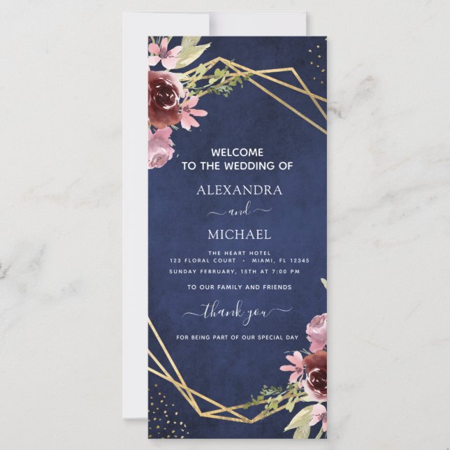 Hochzeitsprogramm für Navy Blue Burgundy (Vorderseite)
