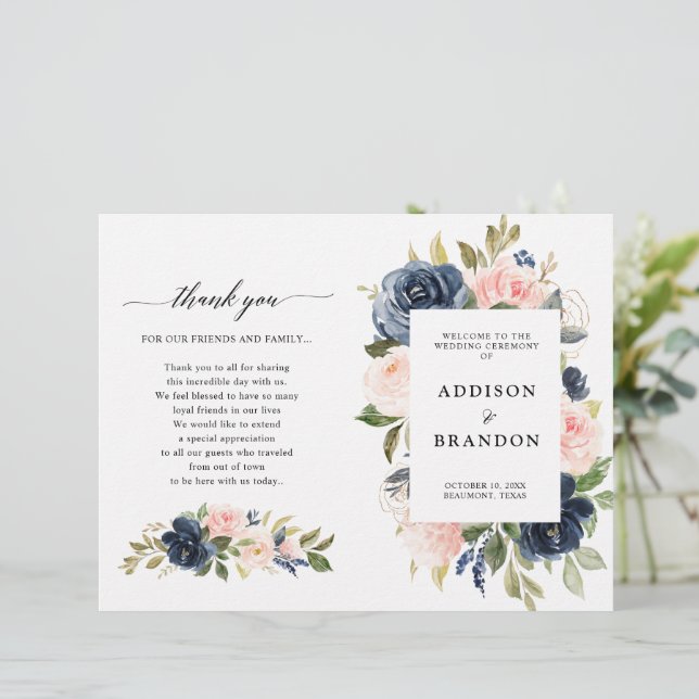 Hochzeitsprogramm für Navy Blue Dusty Blush Pink F (Stehend Vorderseite)