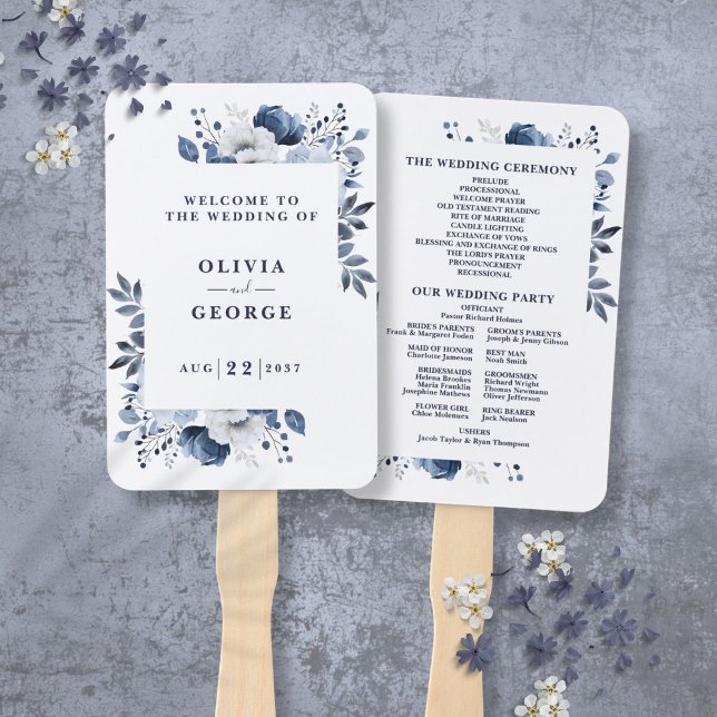 Hochzeitsprogramm für Navy Blue Elegant Fächer (Navy Blue Elegant Floral Wedding Program Hand Fan)